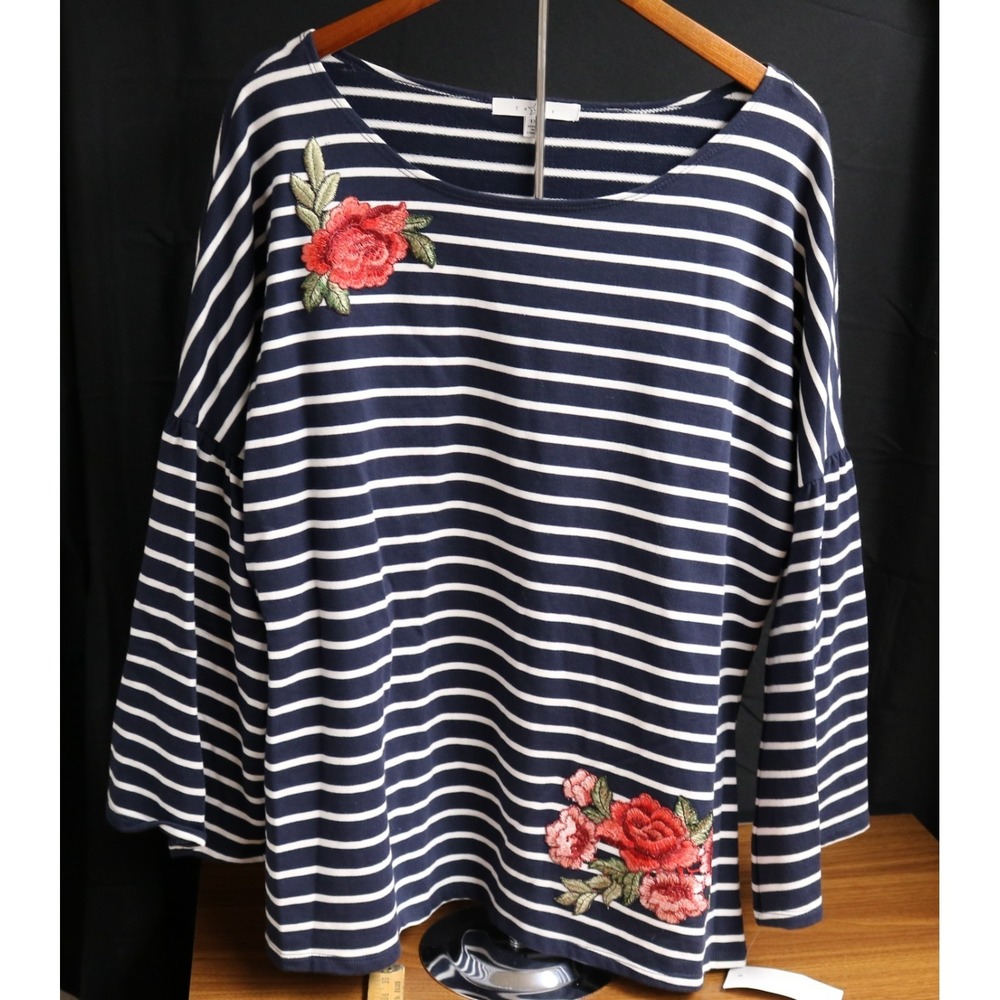Fever 1X Navy White  Striped Floral Embroidered Top Tunic 3/4 Sleeve Plus Size
